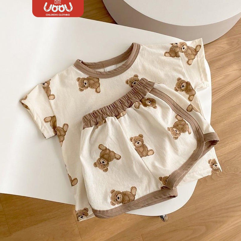 Sun baby Set Đồ 2 Món Gồm Áo Thun Tay Cộc In Hình Gấu Dễ Thương + Quần Ngắn Phong Cách Hàn Quốc