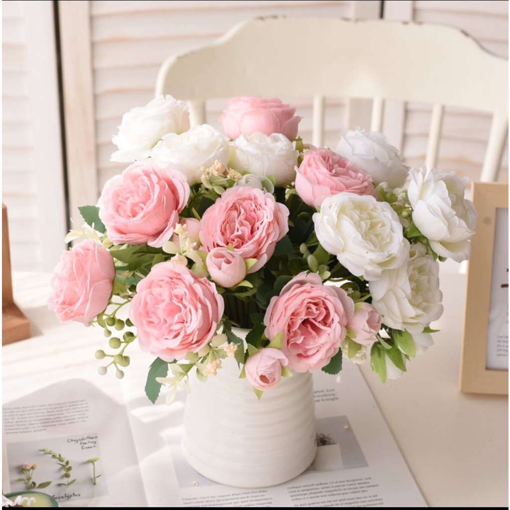 Bó hoa hồng Juliet lụa cao cấp 5 bông 4 nụ kèm quả điểm trang trí phòng khách, cửa hàng siêu đẹp  Flowermini HH-504