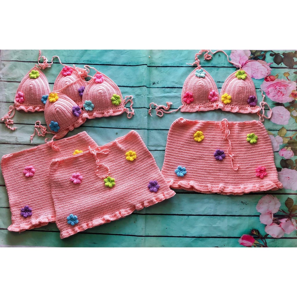 SET VÁY LEN MÓC HANDMADE VÁY BÈO ĐÍNH HOA - BIKINI LEN MÓC