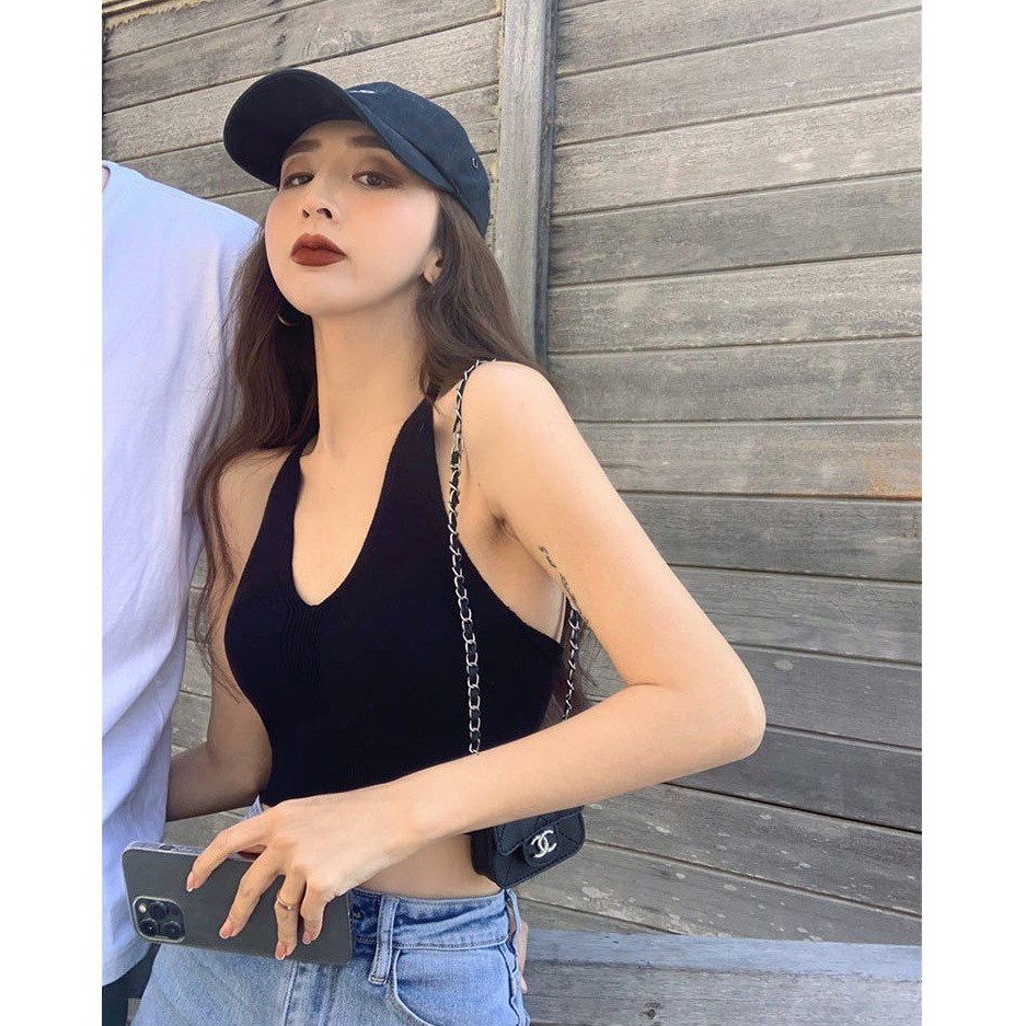 Áo yếm 2 dây hở lưng dáng croptop, Áo hai dây bản to dệt kim len tăm cổ V ulzzang Hàn Quốc C76 - MaoMao | BigBuy360 - bigbuy360.vn