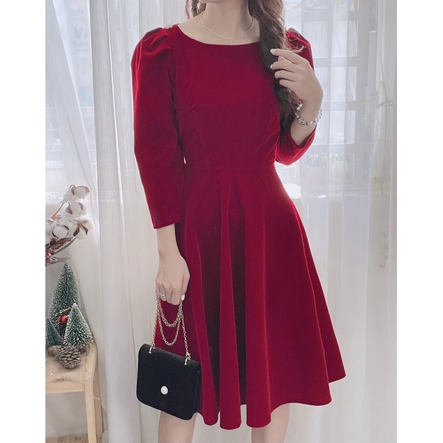 Đầm nhung tay dài dáng xoè 2 màu Đỏ/Nâu | BigBuy360 - bigbuy360.vn