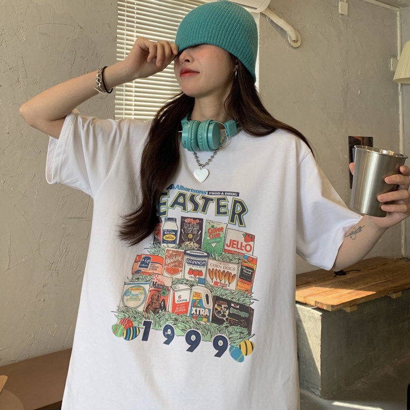 COZOK Áo Thun Tay Ngắn Form Rộng In Họa Tiết Thời Trang Harajuku