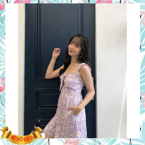 (mới) (có đệm ngực) VÁY CARO HOA CÚC TÍM BUỘC NƠ NGỰC CHUN SAU - ĐẦM 2 DÂY BÈO KẺ SỌC DAISY CHỮ A ULAZZANG MẶC 2 KIỂU