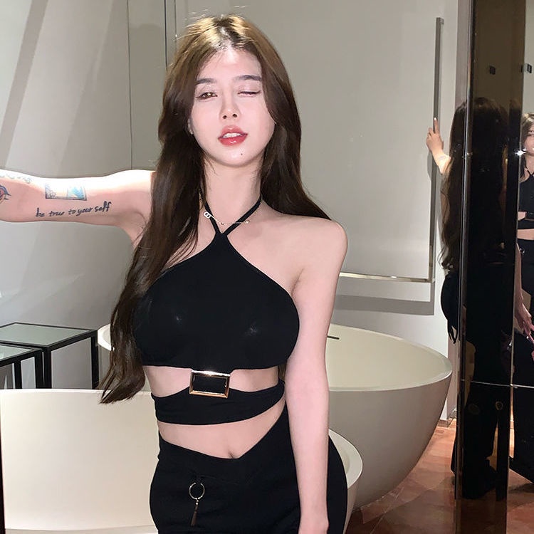 Jiashucheng Áo Crop Top Hai Dây Dáng Ngắn Phối Khóa Kim Loại Lưng Cao Gợi Cảm Cho Nữ