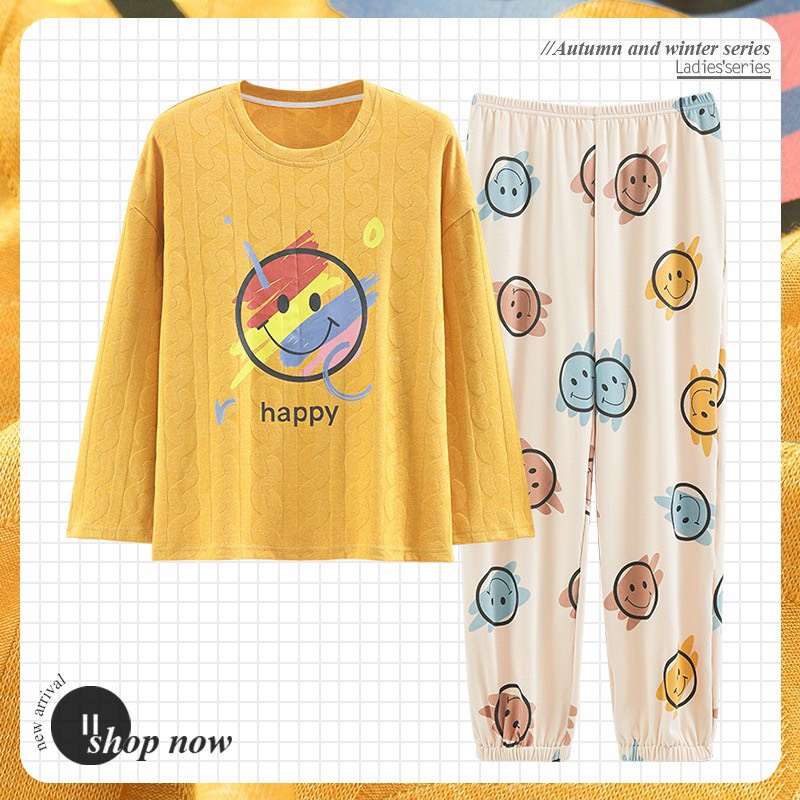 Bộ Mặc Nhà Cổ Tròn Dài Tay Chất Liệu Cotton Mềm Mịn Thấm Hút Hàng Qc