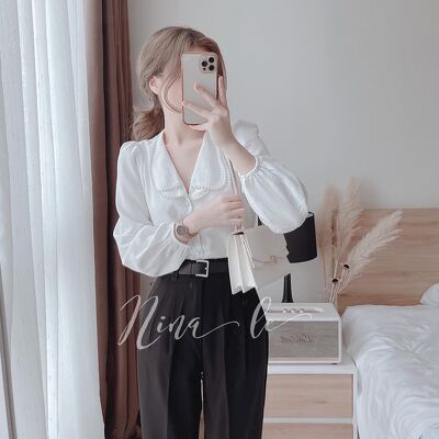 Áo sơ mi lụa cổ sen 2 lá đính viền dây ngọc tiểu thư