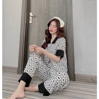 Đồ bộ pijama lụa cổ sen tay ngắn quần dài mặc nhà mát