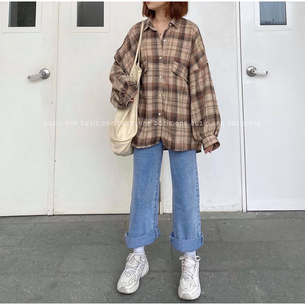 Áo Sơ Mi Nữ - Sơ mi kẻ nâu tay bồng KOREA LE25 | BigBuy360 - bigbuy360.vn