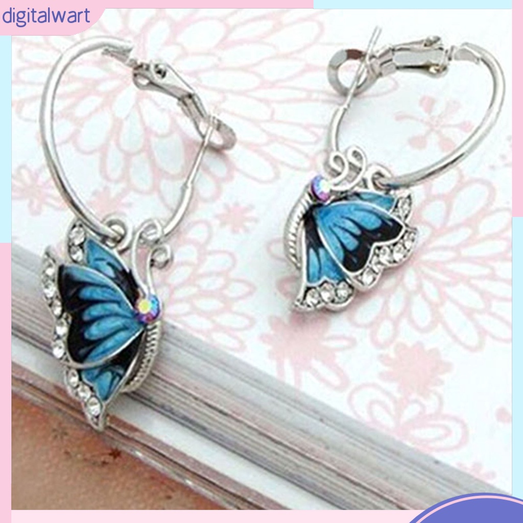 Đôi khuyên tai tròn thiết kế hình bướm đính đá pha lê nhân tạo xanh dương sang trọng cá tính dành cho nữ