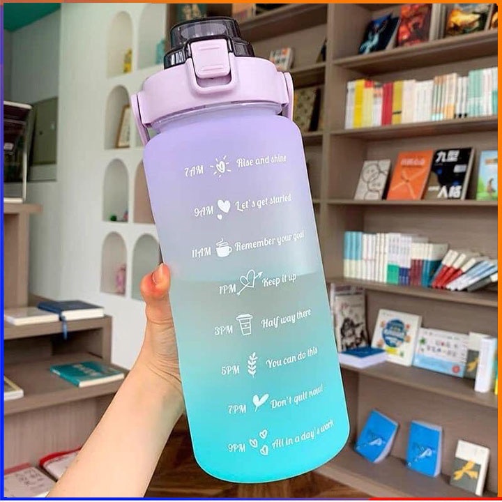 Bình nước 2 lít dành cho người lười uống nước , bình nước cute 2L có ống hút, vạch chia nhắc giờ