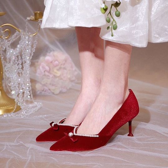 Giày Cao Gót Hai Cách Mang Màu Đỏ Thời Trang Mùa Thu Mới Dành Cho Cô Dâu