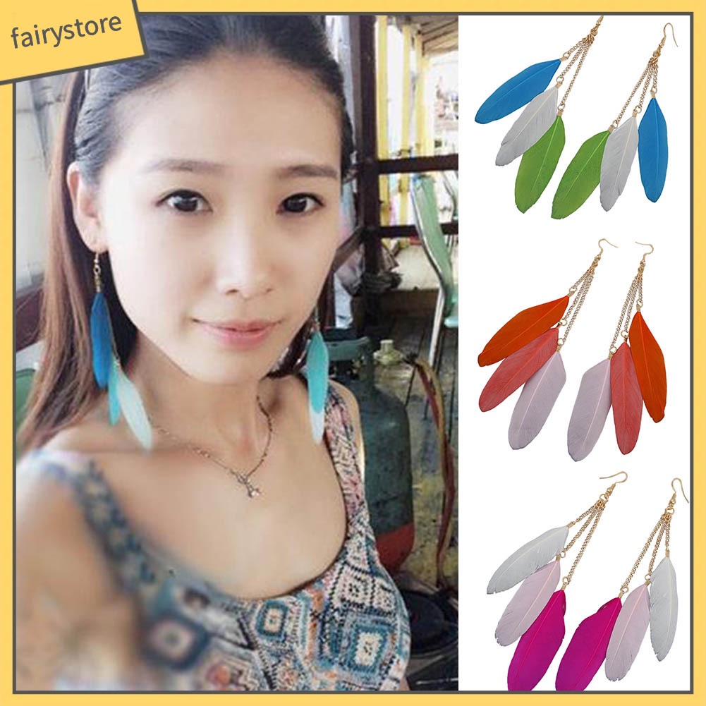 Bông Tai Dáng Dài Phối Lông Vũ Thời Trang Cho Nữ