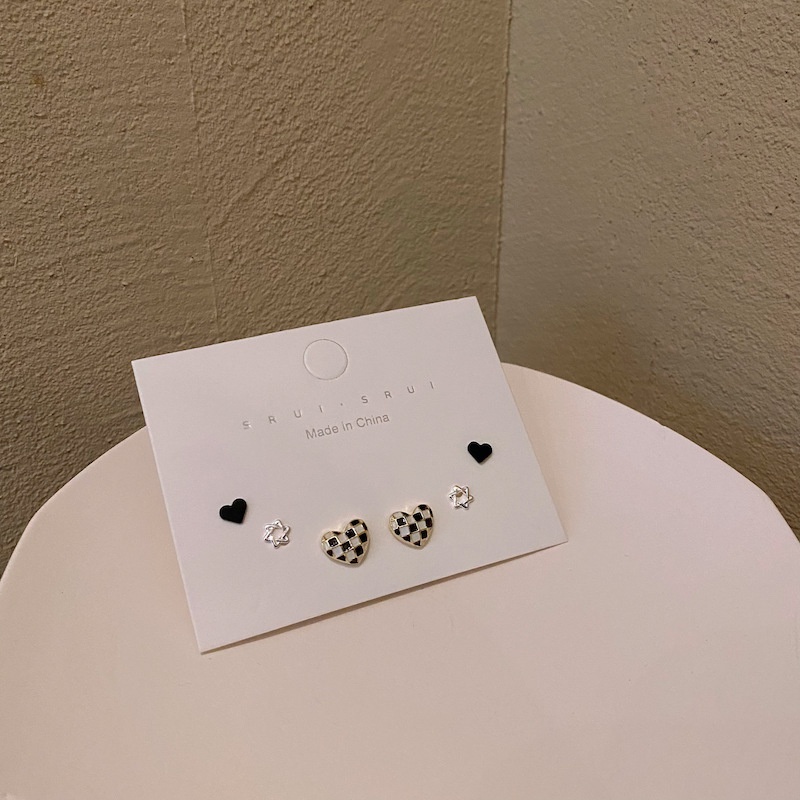 Set 3 đôi khuyên tai mạ bạc S925 hợp kim họa tiết trơn và sọc ca rô thời trang dành cho nữ