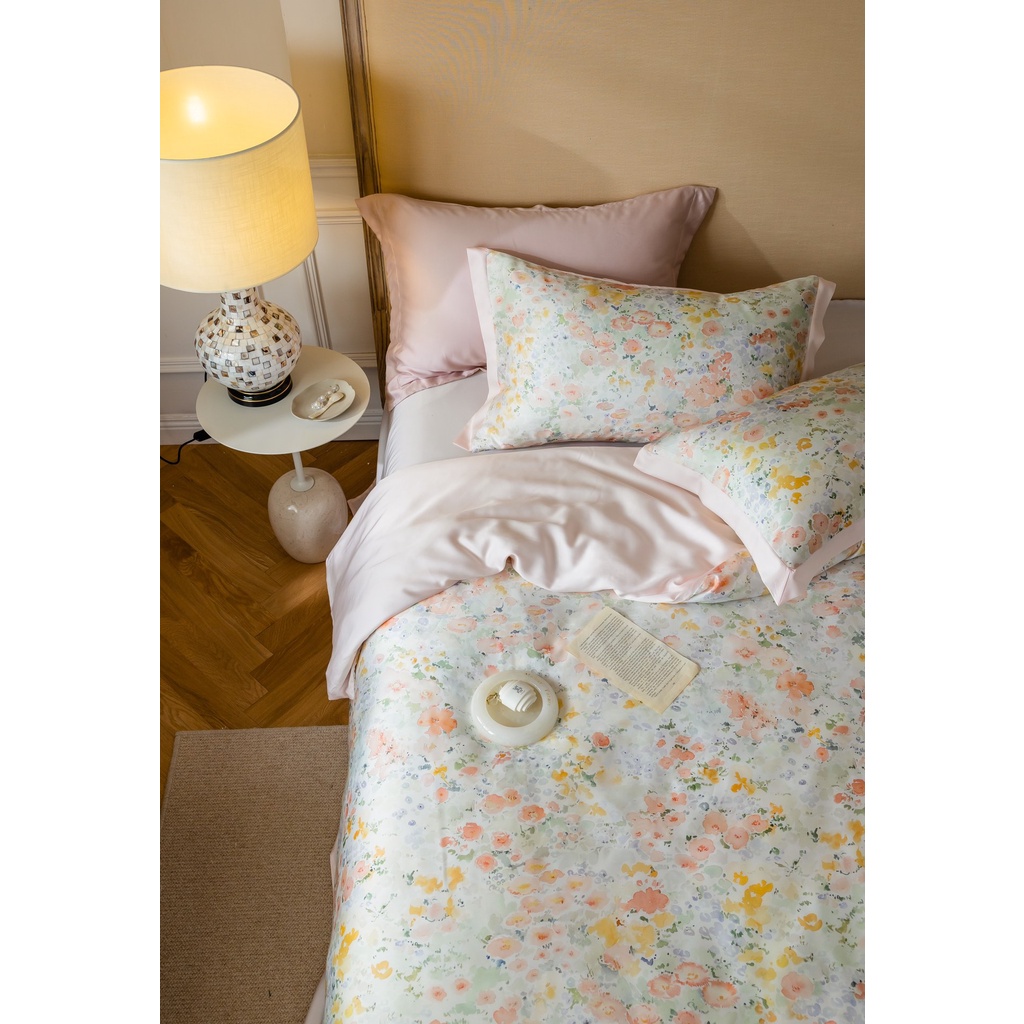 Bộ chăn ga gối 100%Tencel 60s 5 món, họa tiết Hoa hồng Pháp màu sắc tươi sáng và sang trọng, chất liệu mềm mịn mát