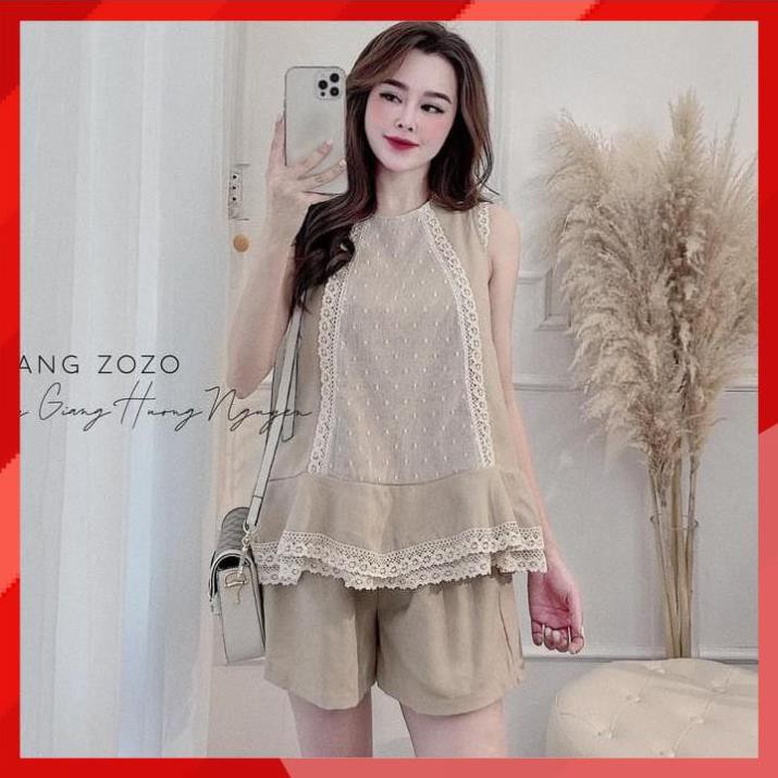 Đồ bộ nữ màu be viền phối ren, set áo ba lỗ đũi phối ren mix quần sooc xinh xắn - S26  , thời trang nữ
