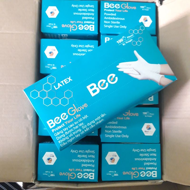 Hộp 100 Chiếc Găng Tay Cao Su Y Tế Bee Glove Latex Có Bột Màu Kem 6.0gr - Size S,M,L Dùng Trong Nha Khoa, Spa, Thẩm Mỹ X