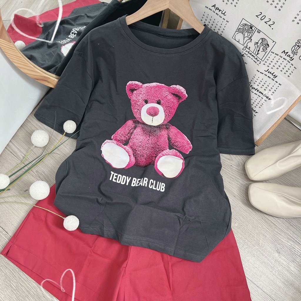 Set áo thun gấu hồng + quần short nude hoạ tiết siêu cute đi chơi dạo phố siêu hợp