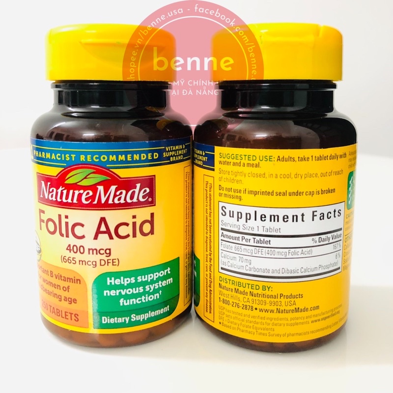 Viên uống Folic Acid 400mcg 250 viên Nature Made