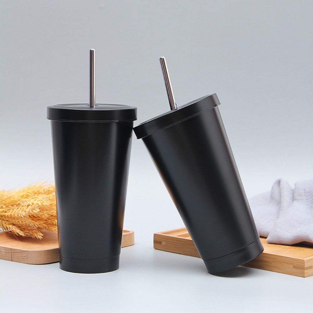 Tumbler with Straw Travel Mugs Straw Cup Stainless Steel Water Cup with Leakproof Lid Straws for Ice Cold Warm Drinking 500ml 