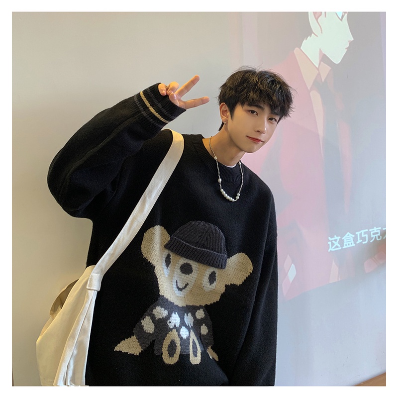 Áo sweater cổ tròn dáng rộng thêu hình gấu hoạt hình dễ thương phong cách Hàn Quốc cho cặp đôi