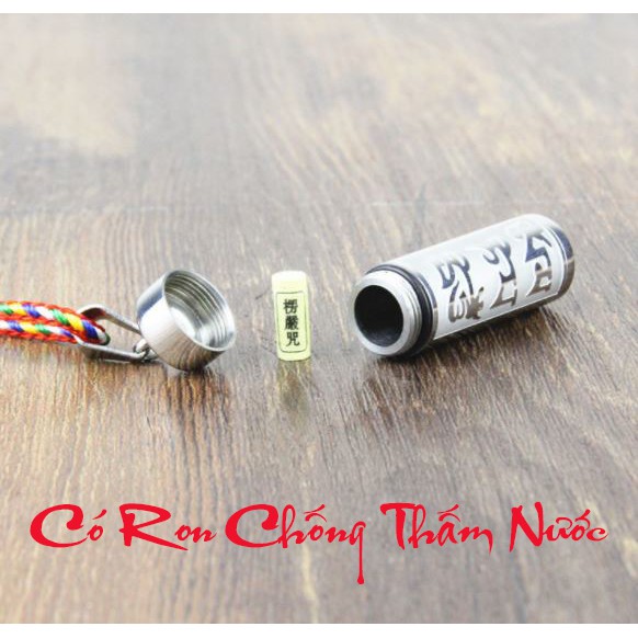 (Tặng kinh bình an) Mặt Dây chuyền inox hình trụ rỗng đựng kính chú có ron chống thấm nước + dây ngũ sắc may mắn