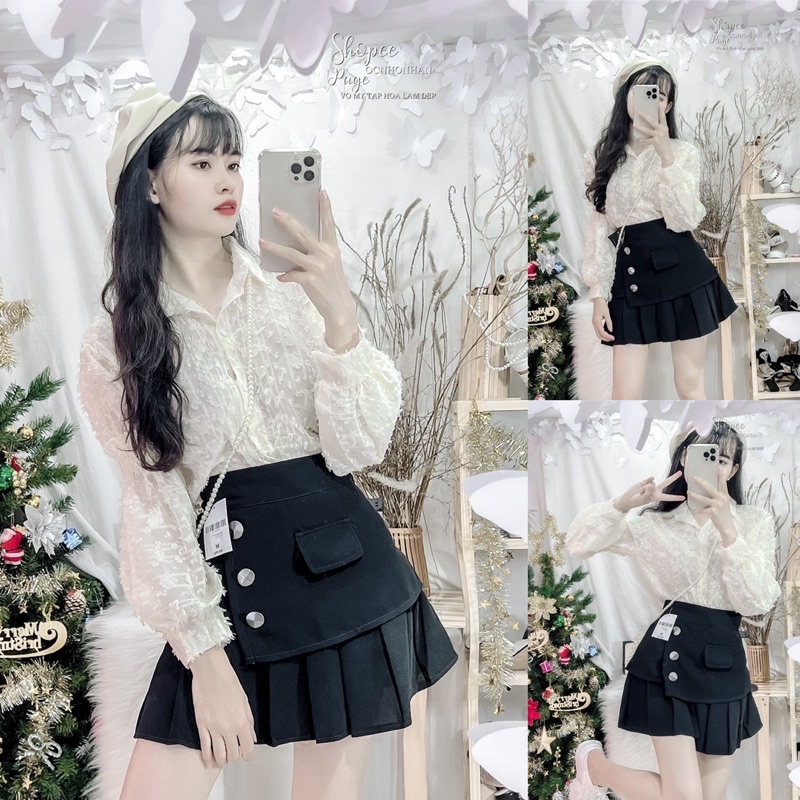 set áo sơmi lông phối chân váy tầng nút