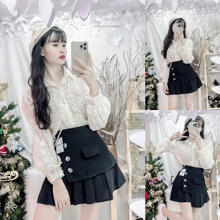 Set áo sơmi lông phối chân váy tầng nút