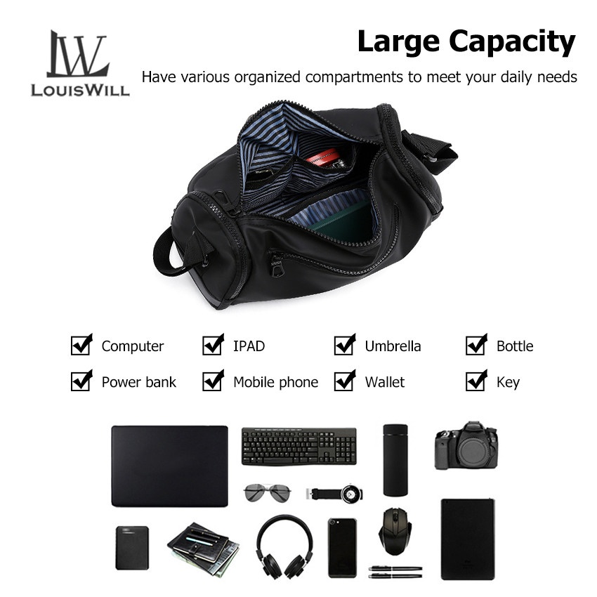 Túi đeo vai LOUISWILL bằng sợi polyester chống thấm nước phong cách thể thao thời trang cho nam