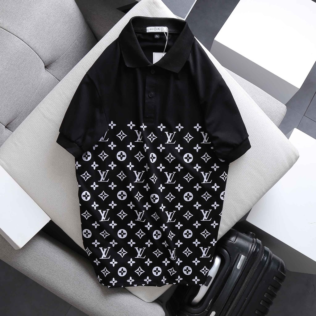 Áo thun nam cổ trụ tay ngắn phối bụng in họa tiết LV trẻ trung lịch lãm chất cotton thoáng mát thấm hút mồ hôi | BigBuy360 - bigbuy360.vn