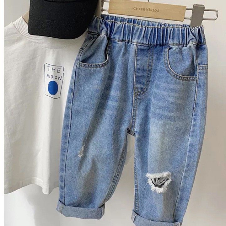 Quần jeans dài unisex phối rách hottrend cho bé 1-7 tuổi cá tính năng động lưng thun thoải mái BBShine – Q017