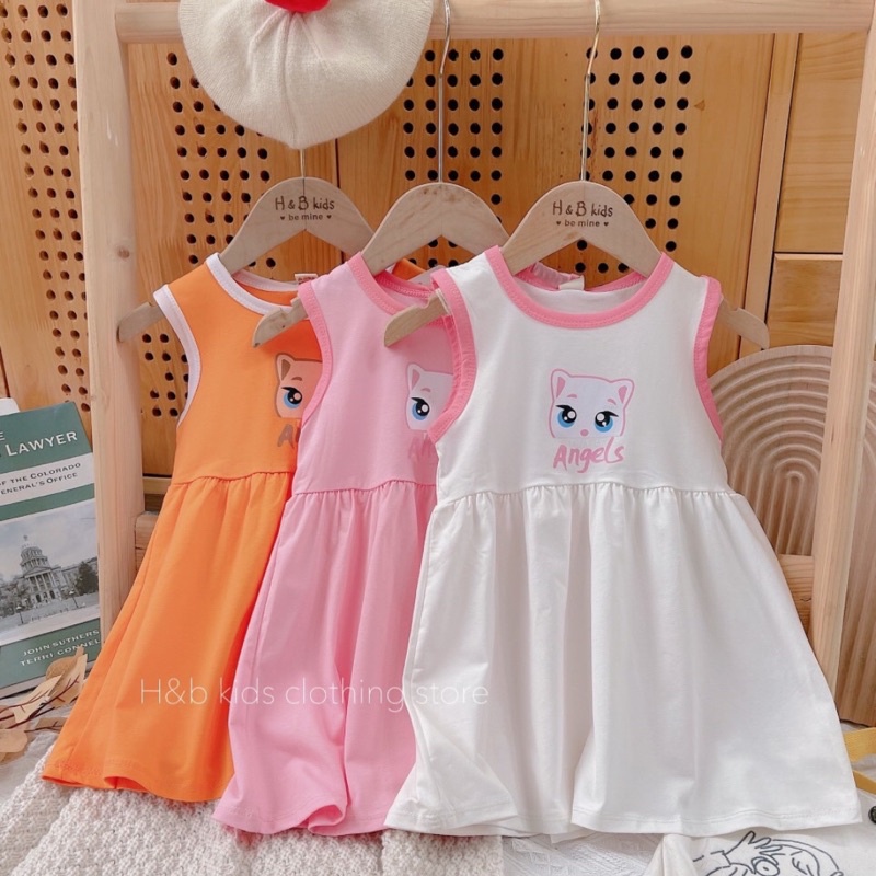 Váy bé gái, đầm bé gái sát nách dáng xoè chất cotton thấm hút hoạ tiết mèo kitty