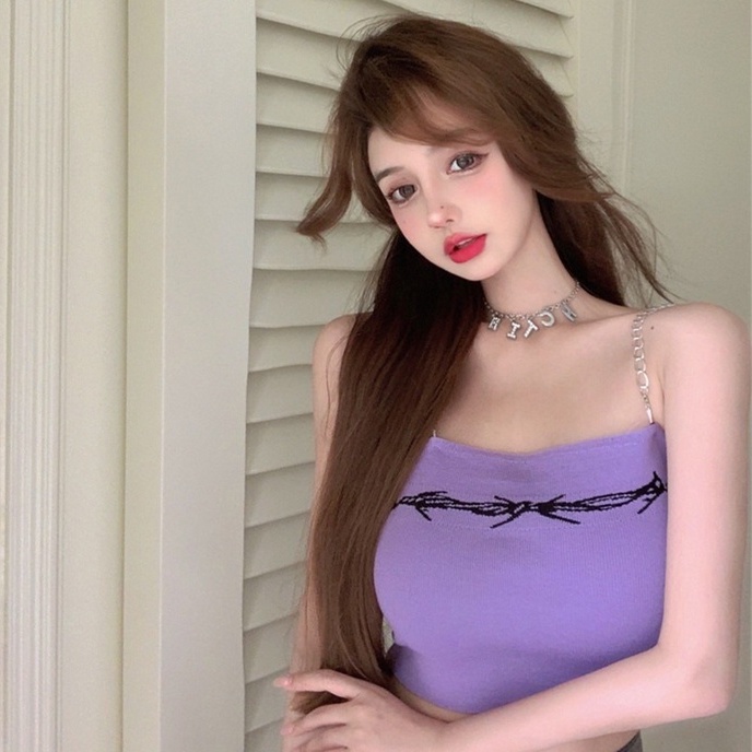 Áo Dệt Kim Hai Dây In Họa Tiết Xinh Xắn Dành Cho Nữ