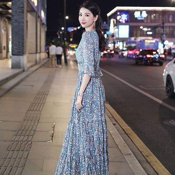 Đầm Dài Họa Tiết Hoa Phong Cách Hàn Quốc Thời Trang Cho Nữ
