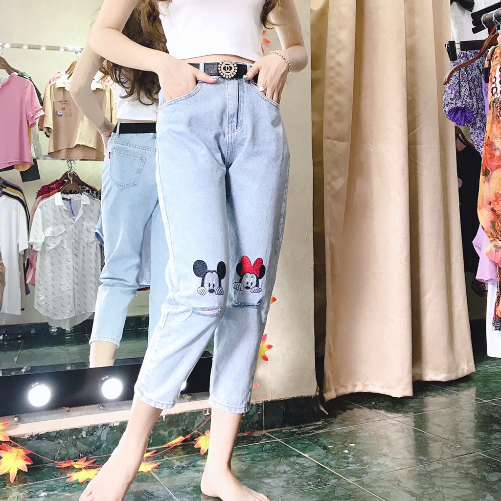 Quần jean nữ dáng baggy trẻ trung họa tiết đáng yêu co giãn nhẹ | BigBuy360 - bigbuy360.vn