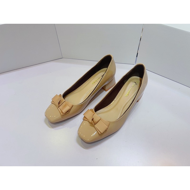 Giày cao gót da bóng mũi vuông gót trụ 3p nơ lụa hàng Việt nam xuất khẩu