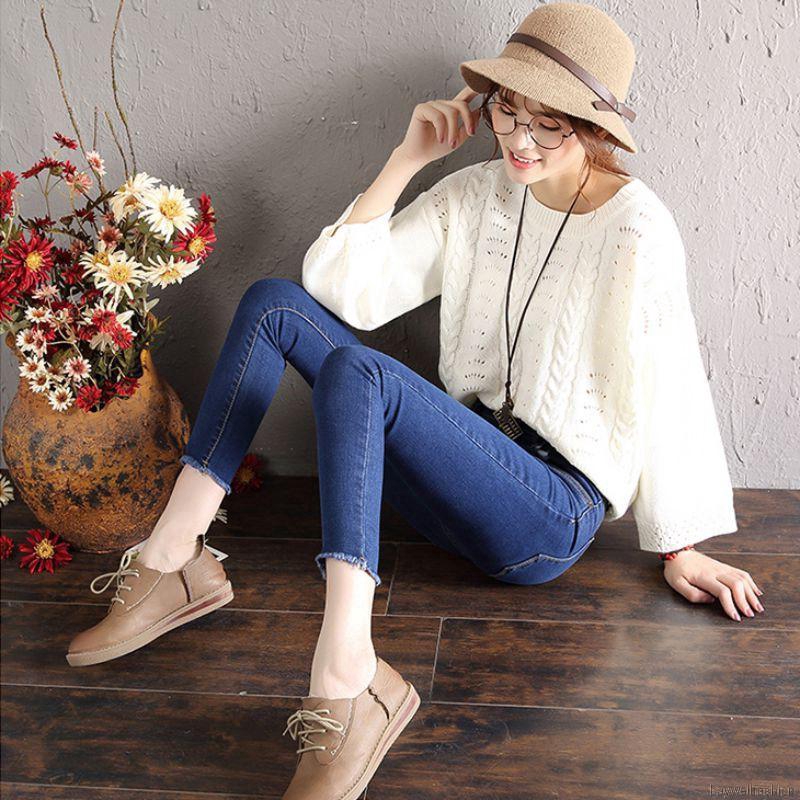 Quần Jeans rách lưng cao thiết kế dáng rộng thoải mái cho nữ