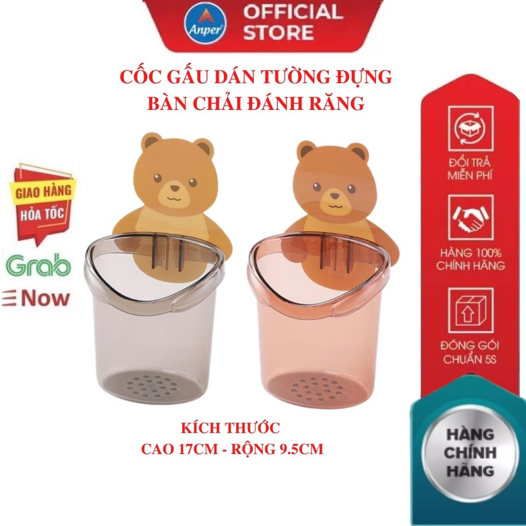 Cốc Gấu Dán Tường Để Bàn Chải Đánh Răng Hình Gấu Có Lỗ Thoát Nước Tiện Lợi