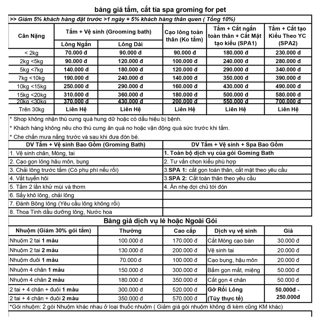 Bảng giá trông giữ chó mèo - Phụ kiện thú cưng Hà Nội