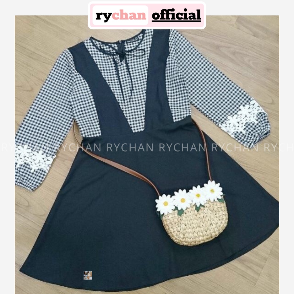 [ẢNH THẬT CUỐI] Đầm Xòe Caro Phối Đen Nơ Cổ - DX683