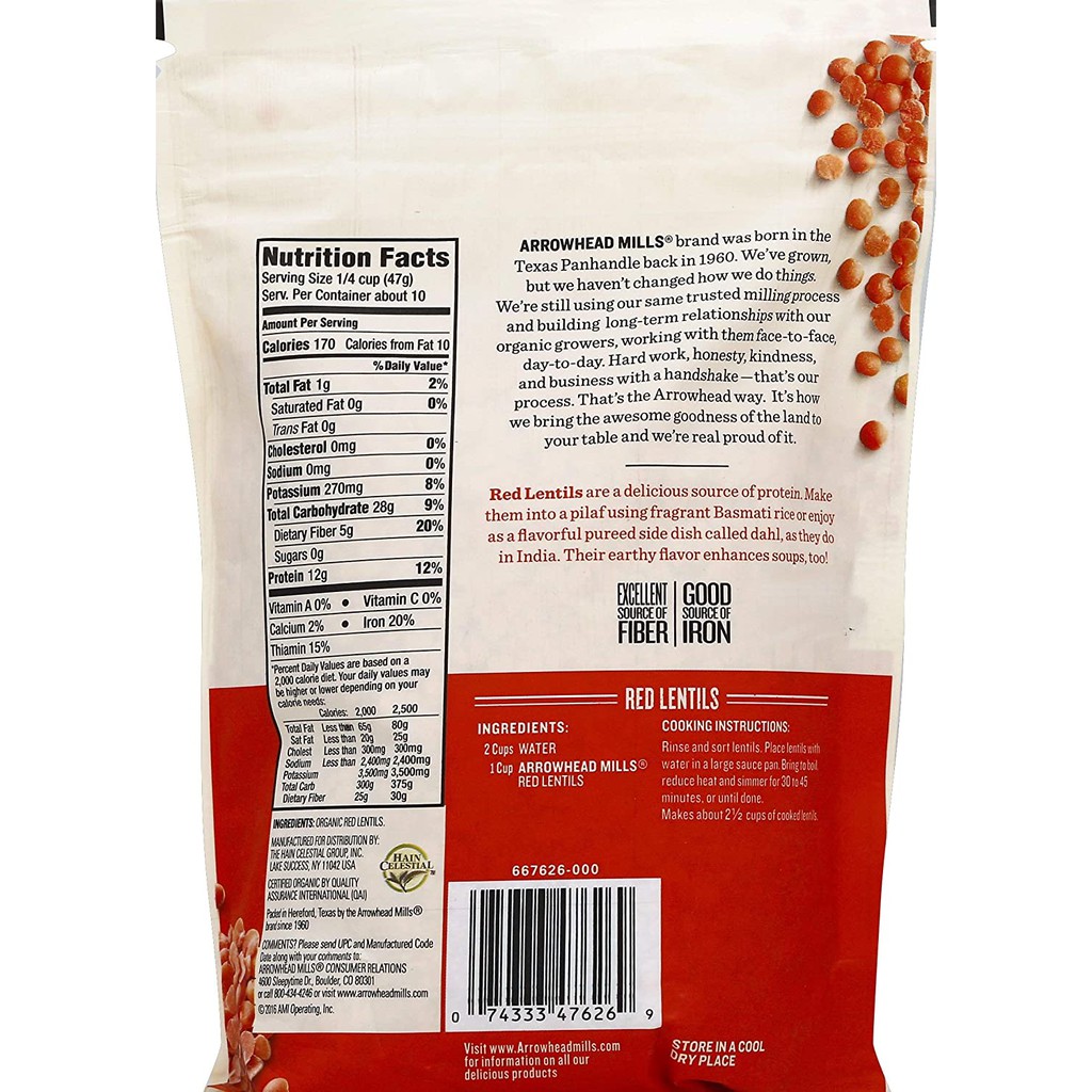 Đậu Lăng Đỏ Hữu Cơ Arrowhead Mills 453g