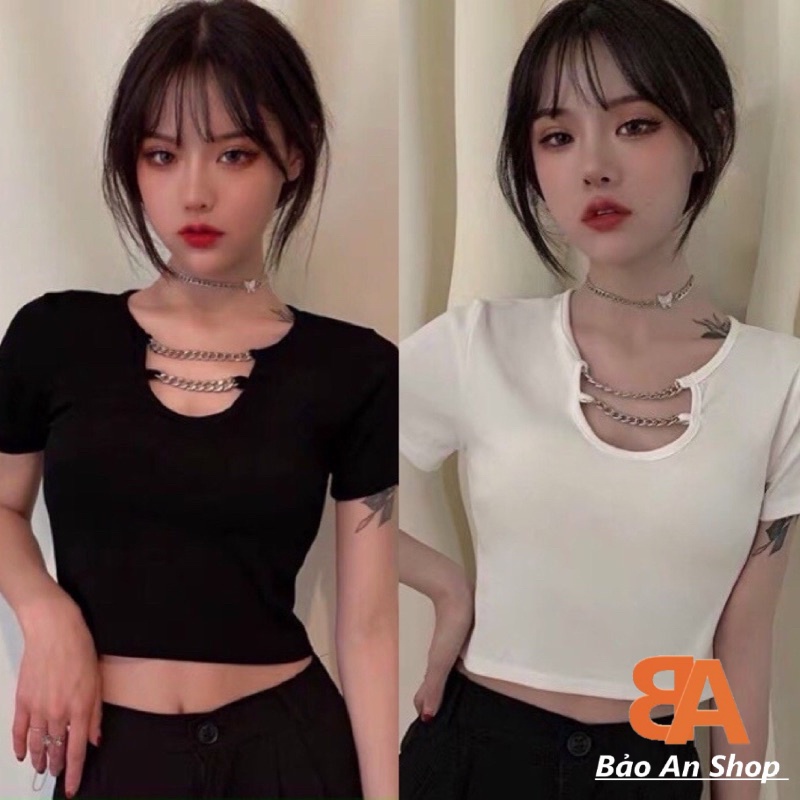 Áo croptop nữ tay ngắn kiểu phối xích chất vải thun Borip