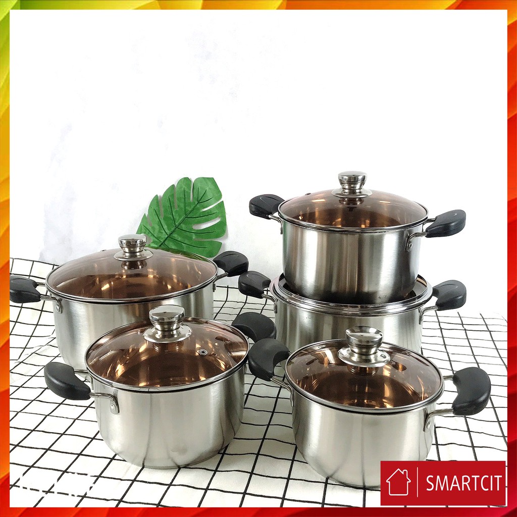 [FREESHIP] Bộ nồi inox Đức cao cấp 5 món hàng chính hãng vung kính Composite Steel Soup Pot