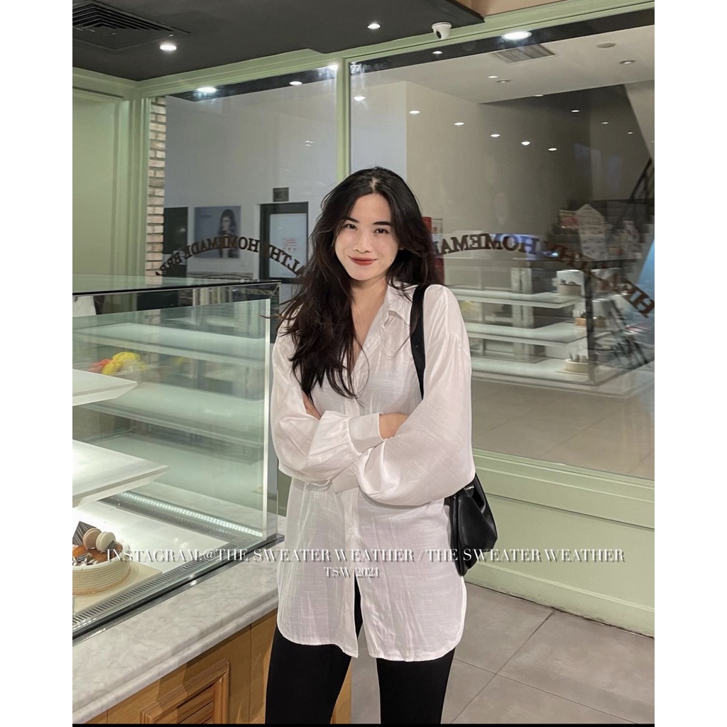 Set áo sơ mi linen trắng oversize kèm quần legging dáng lửng