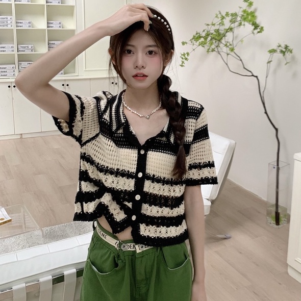 Áo sweater ZHELIHANGFEI ngắn tay cổ polo đan dệt khoét lỗ xuyên thấu thời trang