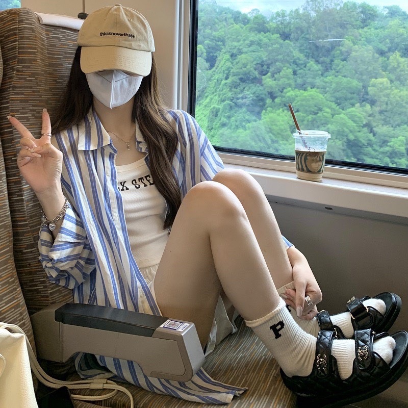 SET 3 MÓN:  SƠ MI KẺ SỌC + THUN CROP 2S TRẮNG  + SHORT