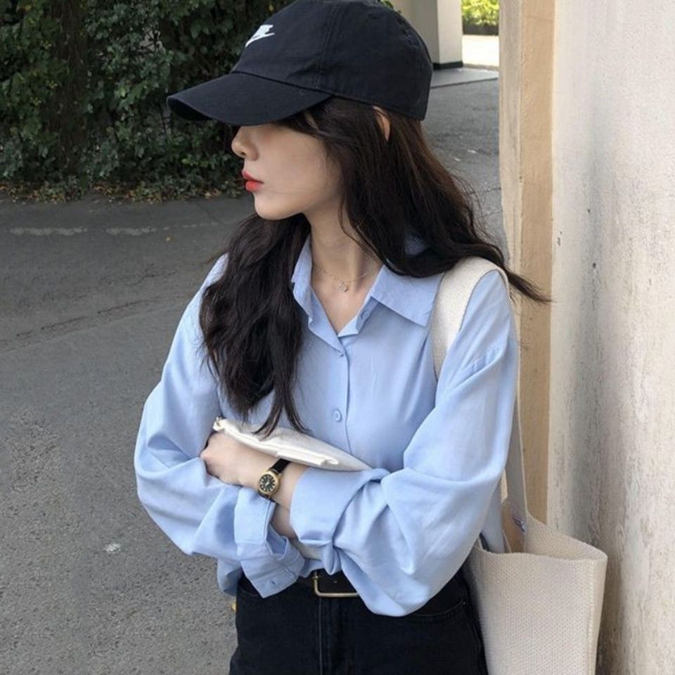 COZOK Áo sơ mi chiffon COZOK dáng rộng màu trơn phong cách thời trang Hàn Quốc