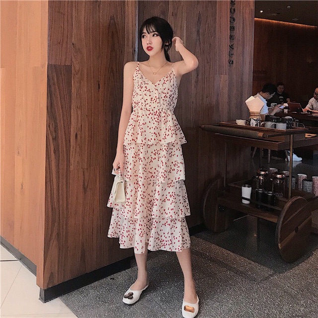 Váy đầm 2 dây xếp tầng dáng dài hàng Quảng Châu cao cấp MS16 | BigBuy360 - bigbuy360.vn
