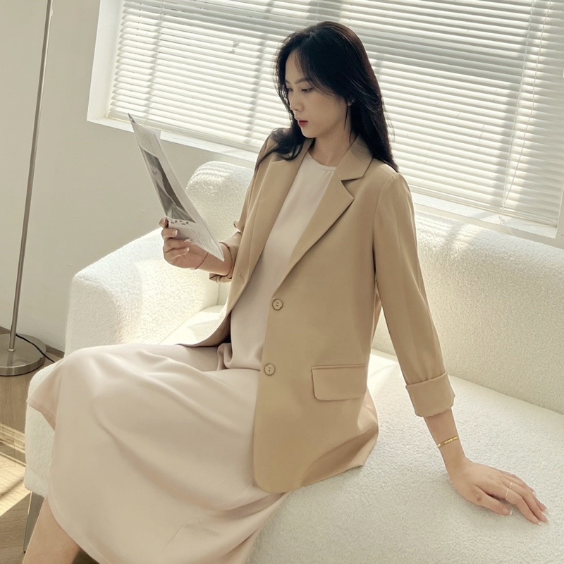 Áo khoác blazer nữ 1 lớp dáng dài Huien Design tone nâu be chất mát, form Hàn Quốc, thời trang công sở nữ thanh lịch