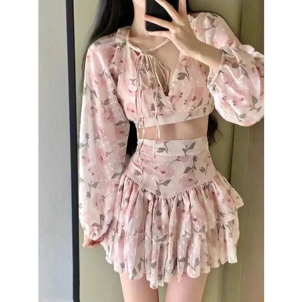 Váy Hoa Dáng Ngắn, Đầm Hoa Nhí Cổ V Cúc Bọc Voan Tơ VH01 Phong Cách Hàn Quốc