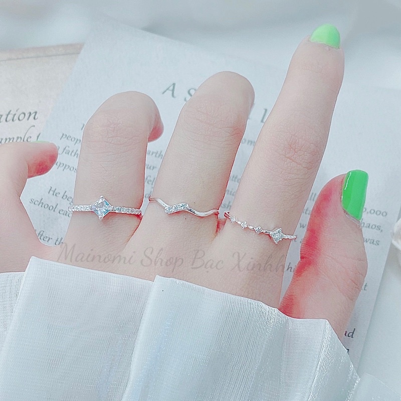 Nhẫn nữ bạc 3 mẫu mini nhà MAINOMI nhỏ nhắn xinh xắn mang vẻ độc đáo khác nhau